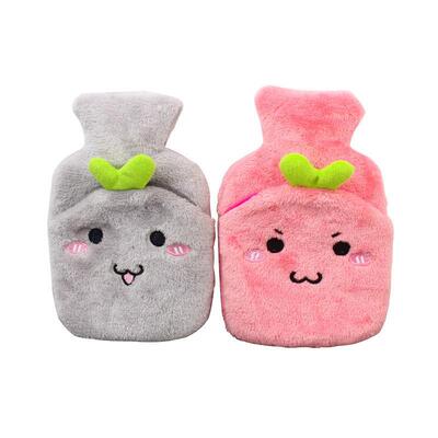 A cute student hot water bottle with a cloth cover, featurin