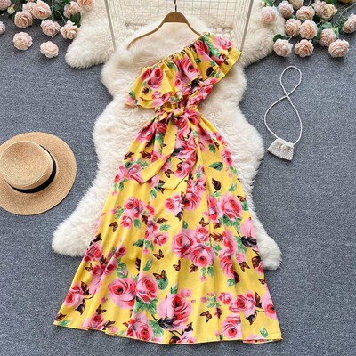 Summer New Floral Dress Womens Sexy off-soulder Waist Elega