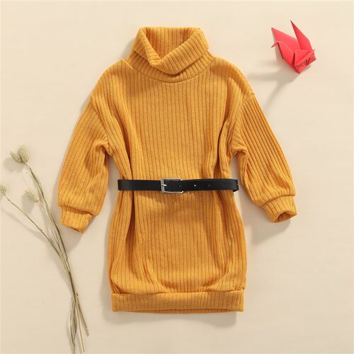 2-7Y Kids Sweater Dress 2023 Autumn Winter Solid Color Turtl