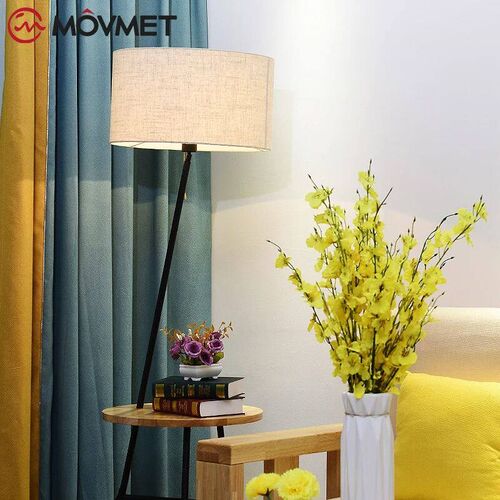 Simple Solid Wood Floor Lamp Iron Fabric Shade Living Room B