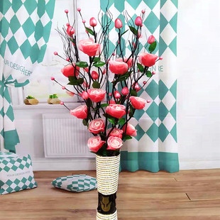 客厅高大假花仿真玫瑰叶脉干花电视柜装饰品落地花瓶插花摆件装