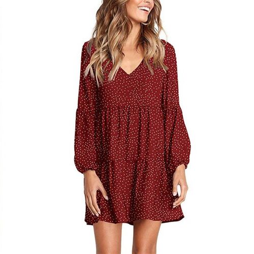 VNeck Long Sleeve Polka Dot Ruffled Relaxed Dress for Europe