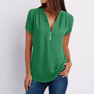Summer White Black Blouse Woman Fashion Zipper V Neck Casual