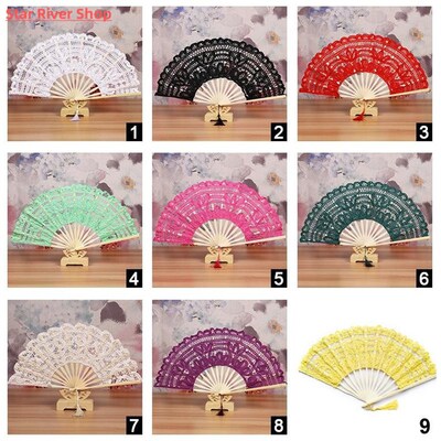 Vintage bamboo and wood lace folding fan Palace embroidery