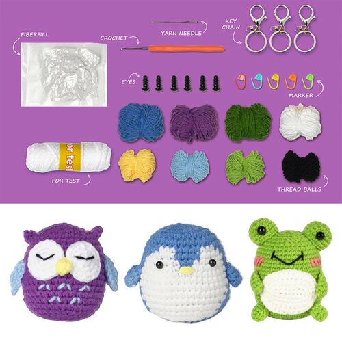 3Pcs Complete Crochet Kit Frog/Owl/Penguin Cute Animal Croch