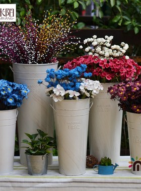 芈阳 落地花桶白色做旧铁桶大号长铁皮桶花店鲜花筒花瓶装饰花器