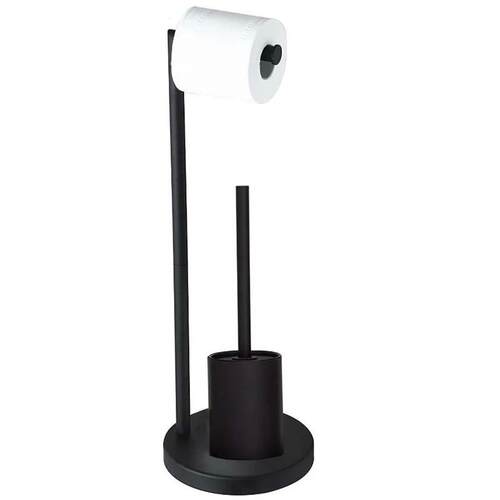 Floor-to-ceiling toilet brush holder with toilet paper holde