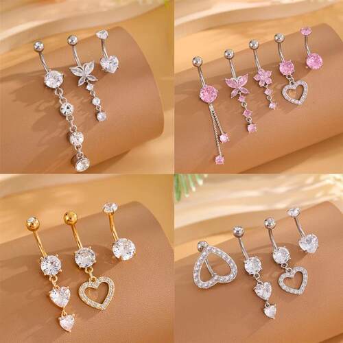 3-5pcs Mixed-Style Sets Heart Flower Dangle Belly Button Rin