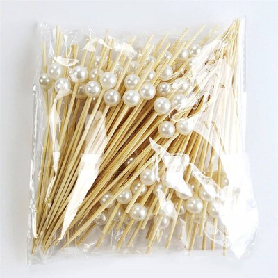 100/50Pcs Wedding Pearl Disposable Bamboo Skewers Wooden Coc