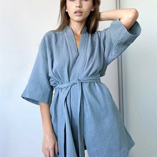 Crape Cotton Robe Womens Nightwear Mini Bathrobes Lace Up S