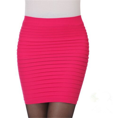 Summer Women High Waist Skirt Solid Color Elastic Pleated
