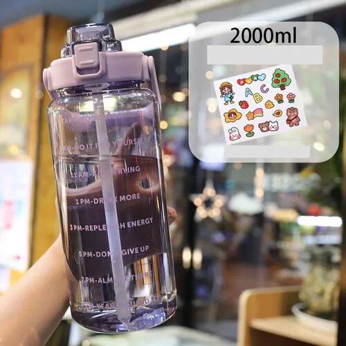2 Liters Water Bottle with Time Marker Reusable Outdoors Spo