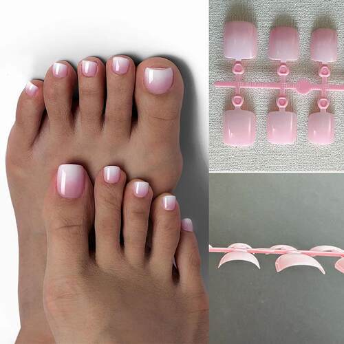 120Pcs Fake Toenails Nude Pink Short Square French Line Fals