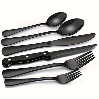 30-Piece Black Silverware Set With Steak Knives, Black Flatw