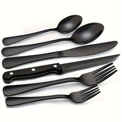 30-Piece Black Silverware Set With Steak Knives, Black Flatw