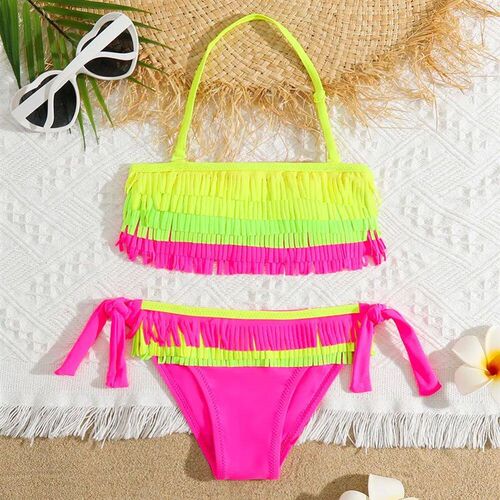 Girls Patchwork Fringe Bikini Swimsuit Kids Halter Top Two P