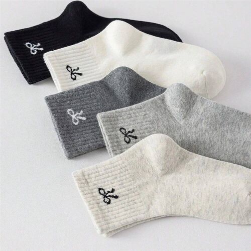 5 pairs  girls plain-colored with bow-patterned socks, cute