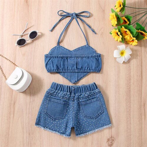 2025 Girls Summer Strapless Heart Top Denim Shorts Set for K