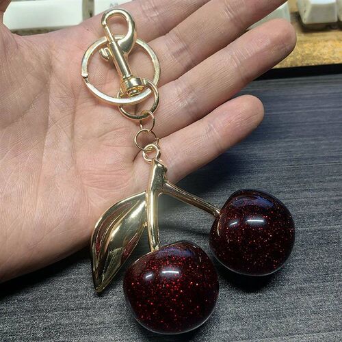 Exquisite Red Cherry Fruit Bag Charm Keychain 3 Color Key Ri