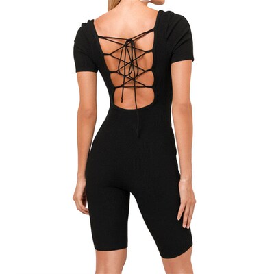 Vrouwen Jumpsuits Casual Korte Mouw Backless Lace-Up Hollow