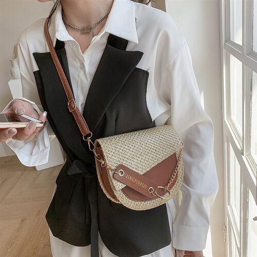 Summer Straw Saddle Bags For Women 2023 Soft Pu Leather+Wove
