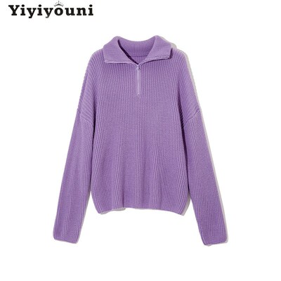 Yiyiyouni Zipper  Collar Knitted Oversized Sweater Women Aut