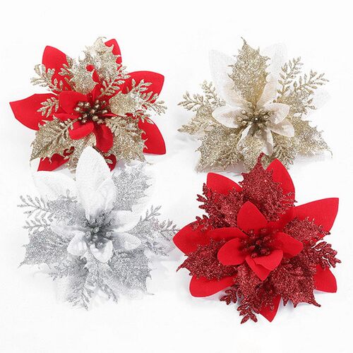 1/5/10pcs Glitter Artificial Flowers Merry Christmas Ornamen