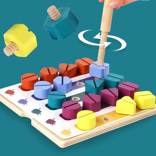 Children Wooden Screw Nut Disassembly Shape Color Matching B