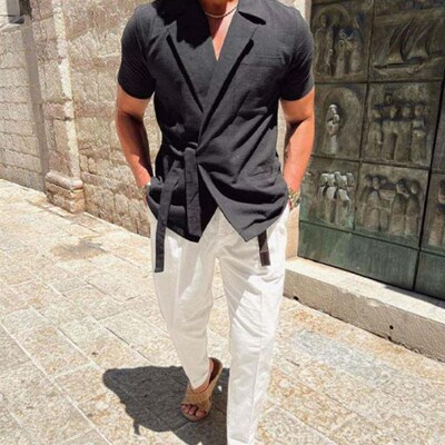 Summer Solid Color Linen Short-sleeved Shirt Suit Lapel Stra