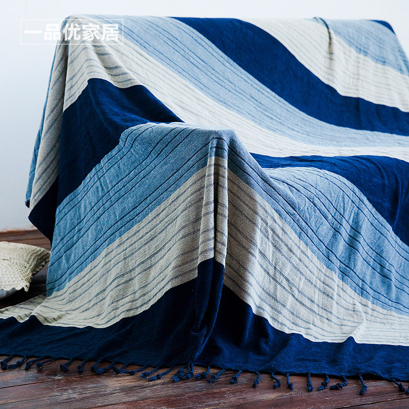 蓝色条纹单人沙发巾沙发雪尼尔全盖防滑沙发毯多功能披毯盖布
