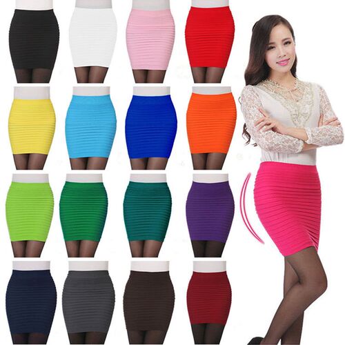 Summer Women High Waist Skirt Solid Color Elastic Pleated