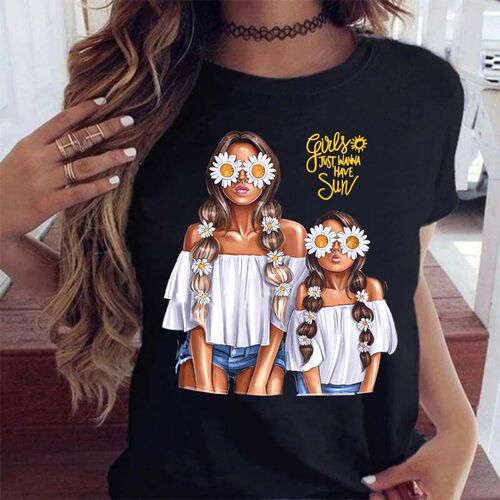 Women Short Sleeve Cartoon Love Cute Mama Mom Mother