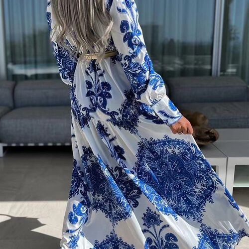 Elegant V Neck Office Long Shirt Dress Spring Fashion Print