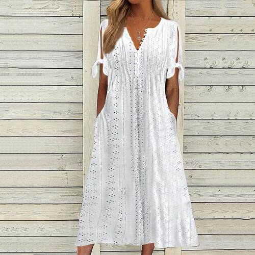 Women Summer Dress Solid Color Hollow Out Short Sleeves V