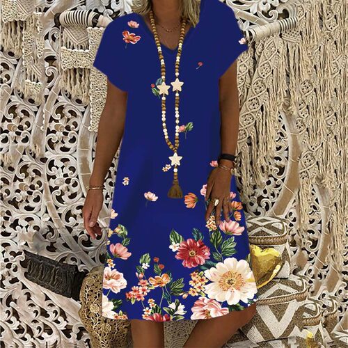 Womens New Short Sleeve Round Neck Dress  Summer Flower