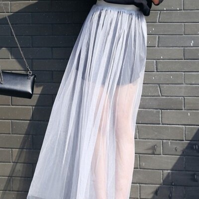2023 Summer Long Lace Skirt Women Black White Mesh Voile Cas