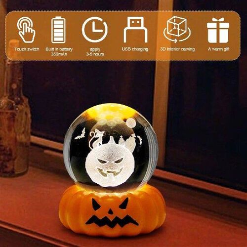 6cm 3D Crystal Ball with Pumpkin Base 3D Spider Web Skull