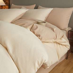 轻奢全棉提花磨毛四件套双拼纯色纯棉被套床单床笠三件套加厚保暖