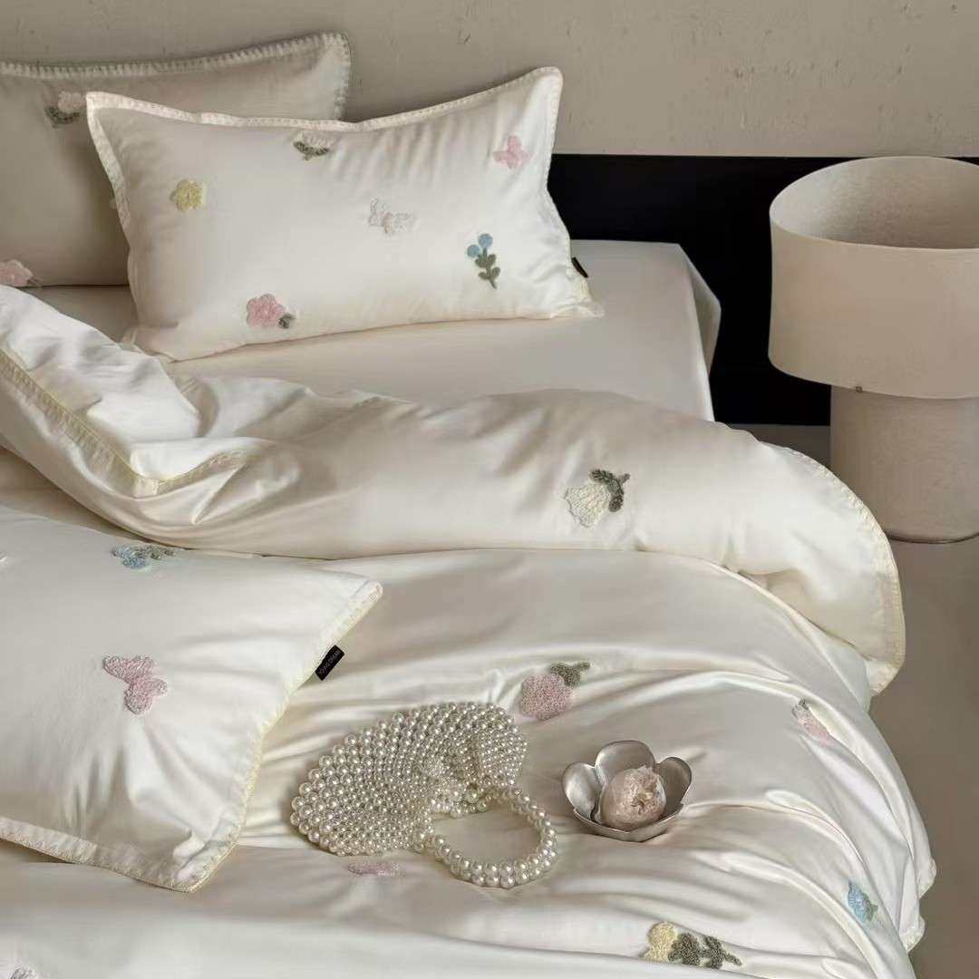 少女心毛巾绣小花全棉长绒棉四件套纯棉公主风床单被套罩床上用品