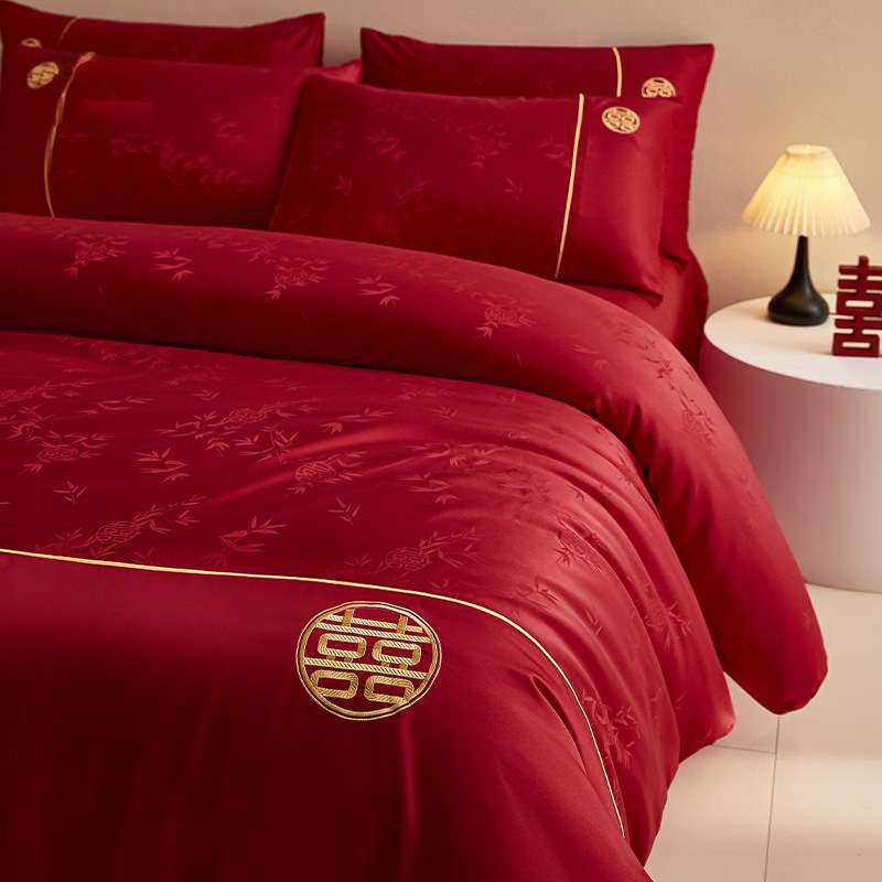 提花结婚水洗棉四件套婚庆大红色被套罩床单婚嫁床上用品,3C数码配件,其它配件,淘宝优惠券,粉丝福利购,淘宝优惠卷