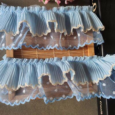 1Yard Blue Pleated Chiffon Embroidery Lace Fabric DIY Ribbon