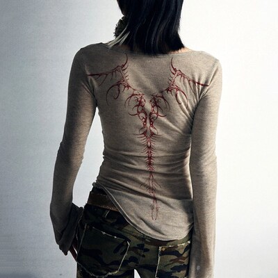 Karrcat Grunge Aesthetics Knitted Tops Vintage Tattoo Print