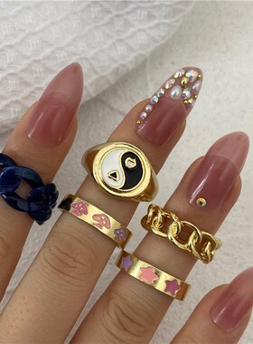 Vintage Colorful Heart Rings Set for Women Fashion Pink Gree