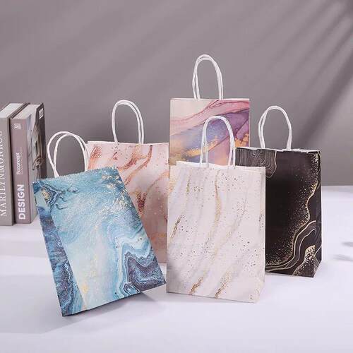 5 pcs Marble Design Kraft Paper Gift Bag with Handle Birthda