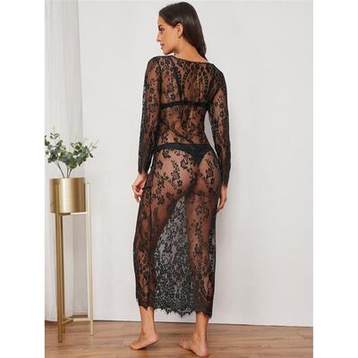 2022Hollow Eyelash Perspective Lace Long Sleeve Dress洋装