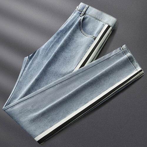 Minglu Light Blue Thin Mens Jeans Luxury Side Woven Tape So