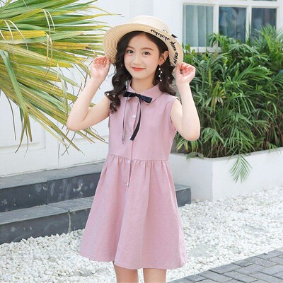 Girls Summer Cotton Dresses Bow Blouse Dresses MidLarge Kids