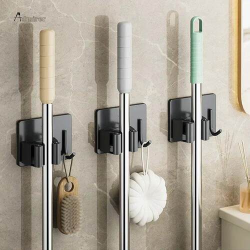 Wall Mounted Mop Organizer Clips Self-Adhesive Bathroom Mop