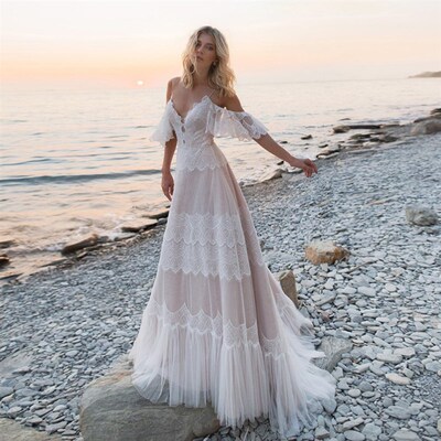 Spaghetti Straps Bohemian Boho Beach Wedding Dresses Nude Ch