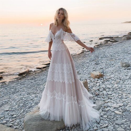 Spaghetti Straps Bohemian Boho Beach Wedding Dresses Nude Ch